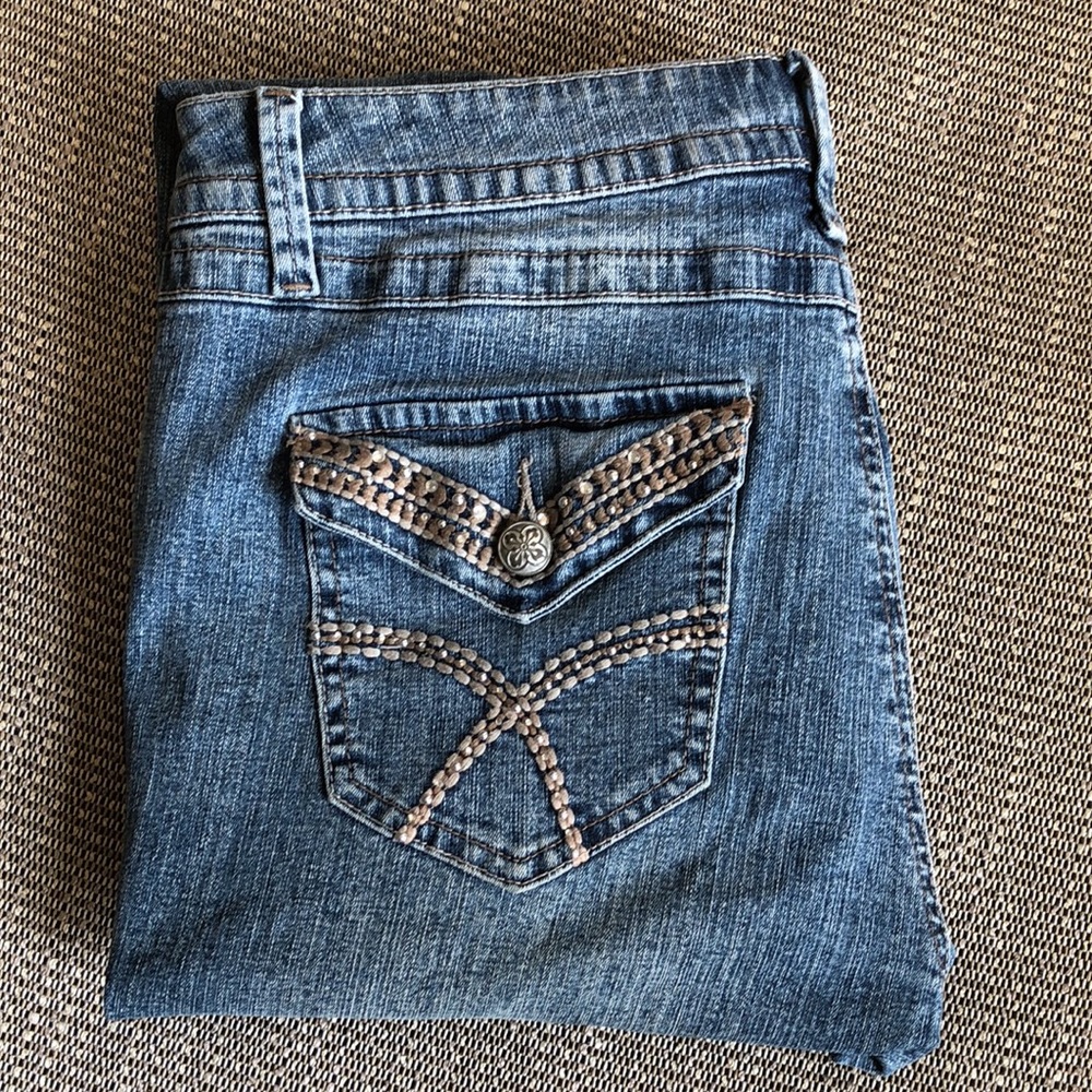 Fantasy jeans size 10. Sequins, embroidery! Medium blue denim. Great condition!